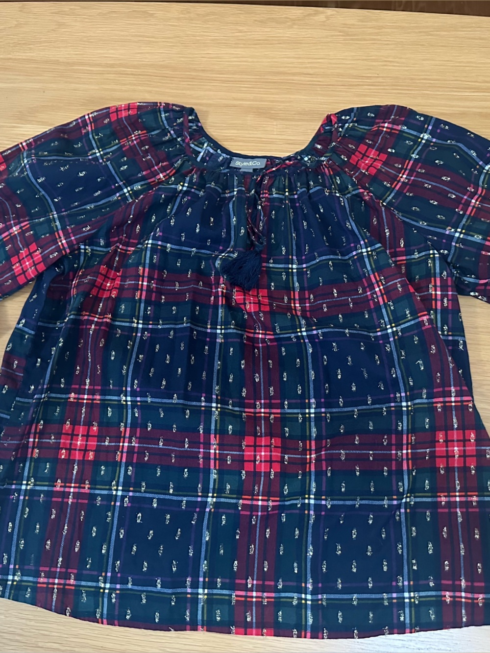 Style & Co. Navy Multi-Striped Women’s Blouse Metallic Holiday